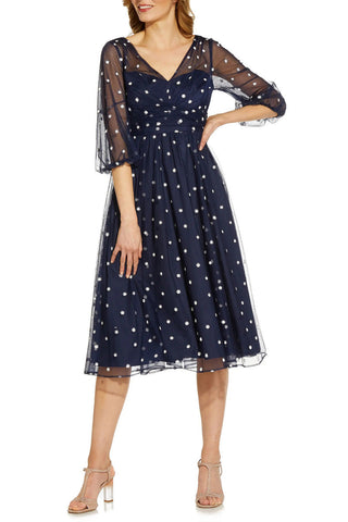 Adrianna Papell Surplice V-Neck Back Zipper 3/4 Sleeves Beaded Midi Dress - By Baano