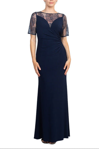 Adrianna Papell Embroidered Illusion Boat Neck Short Sleeve Gathered Side Zipper Back Lace Gown - By Baano