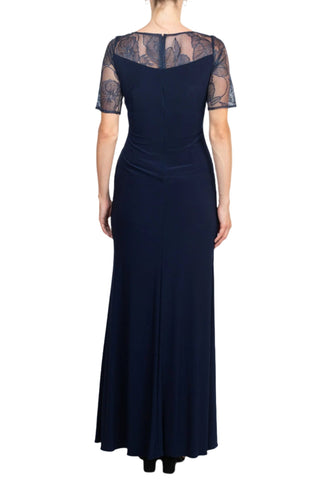 Adrianna Papell Embroidered Illusion Boat Neck Short Sleeve Gathered Side Zipper Back Lace Gown - By Baano