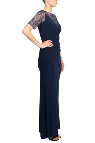 Adrianna Papell Embroidered Illusion Boat Neck Short Sleeve Gathered Side Zipper Back Lace Gown - By Baano