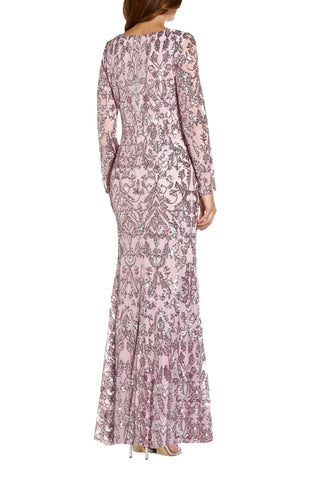 Adrianna Papell V-Neck Long Sleeve Mermaid Sequined Mesh Knit Gown - By Baano
