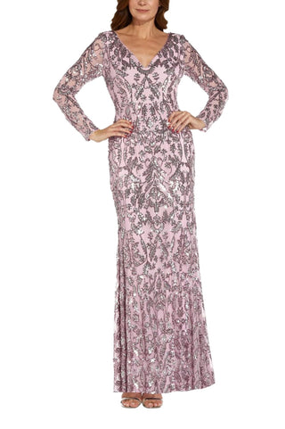 Adrianna Papell V-Neck Long Sleeve Mermaid Sequined Mesh Knit Gown - By Baano