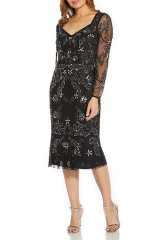 Adrianna Papell Sweetheart Neck Back Zipper Long Sleeves Beaded Midi Dress - By Baano