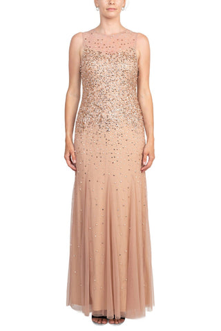 Adrianna Papell Illusion Crew Neck Sleeveless Beaded Sequined Sheath Zipper Back Godet Mesh Dress - By Baano