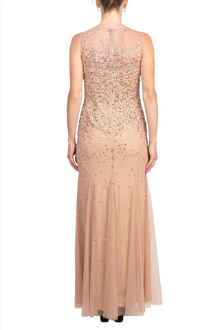 Adrianna Papell Illusion Crew Neck Sleeveless Beaded Sequined Sheath Zipper Back Godet Mesh Dress - By Baano