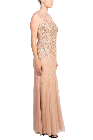 Adrianna Papell Illusion Crew Neck Sleeveless Beaded Sequined Sheath Zipper Back Godet Mesh Dress - By Baano