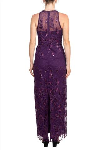 Adrianna Papell Ruffled Halter Neck Sleeveless Embroidered Empire Waist Zipper Back Slit Back Mesh Gown - By Baano