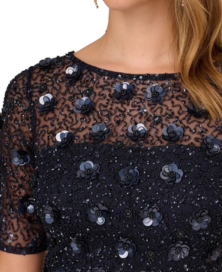 Adrianna Papell Boat Neck Short Sleeves Back Zipper Long Beaded Dress - By Baano