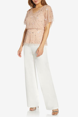Adrianna Papell beaded mesh zippered flutter sleeve v neck blouse - By Baano