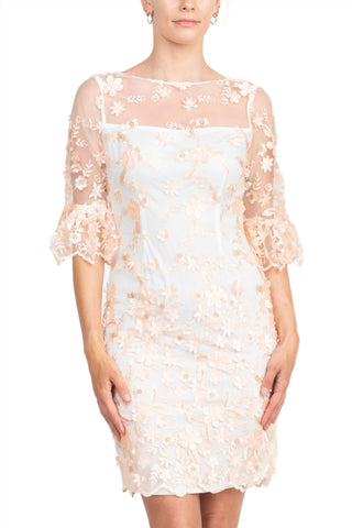 Adrianna Papell Illusion Boat Neck 3/4 Scuff Bell Sleeve 3D Floral Embroidery Throughout Sheath Woven Dress - By Baano