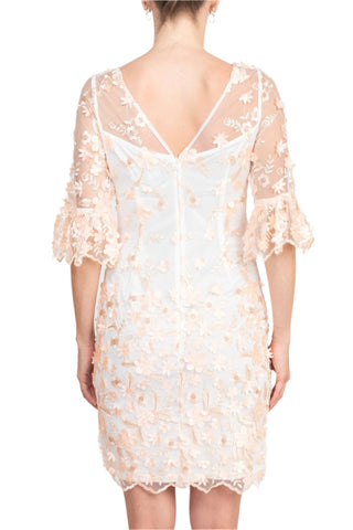 Adrianna Papell Illusion Boat Neck 3/4 Scuff Bell Sleeve 3D Floral Embroidery Throughout Sheath Woven Dress - By Baano