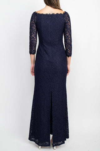 Adrianna Papell Scalloped Square Neck 3/4 Sleeve Bodycon Zipper Back Slit Back Lace Gown - By Baano