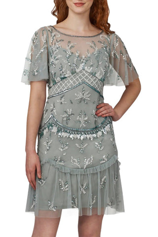 Adrianna Papell Boat Neck Flutter Sleeve Illusion Hand Embellished Zipper Back Mesh Dress - By Baano