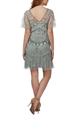 Adrianna Papell Boat Neck Flutter Sleeve Illusion Hand Embellished Zipper Back Mesh Dress - By Baano