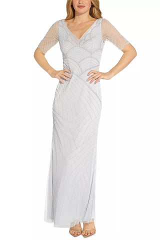 Adrianna Papell V-Neck Short Sleeve Beaded Zipper Back Mesh Dress - By Baano