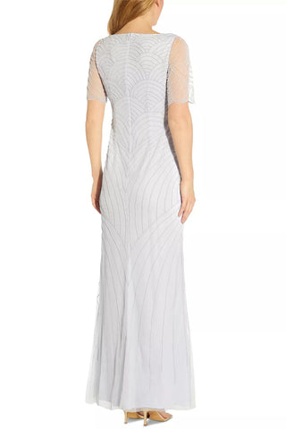 Adrianna Papell V-Neck Short Sleeve Beaded Zipper Back Mesh Dress - By Baano