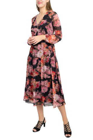 Adrianna Papell V-Neck Long Sleeve Floral Print Empire Waist Tiered Chiffon Dress - By Baano