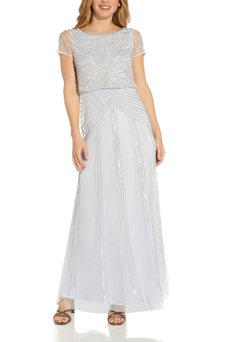 Adrianna Papell Bateau Neck Back Zipper Short Sleeves Long Gown - Glamourous Grace