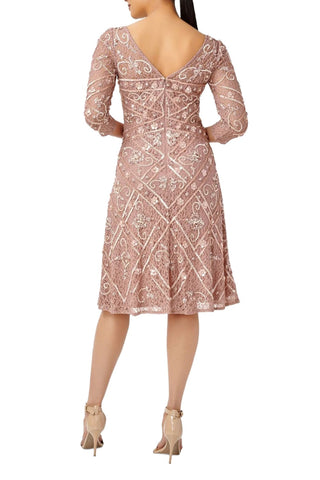 Adrianna Papell Boat Neck 3/4 Sleeves Back Zipper Midi Beaded Dress - By Baano