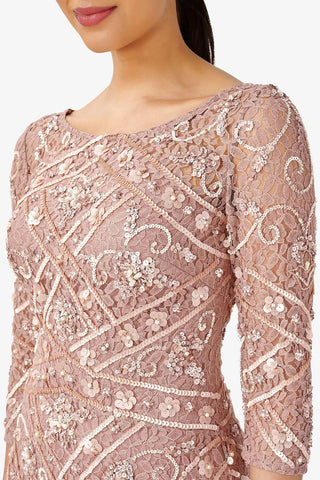 Adrianna Papell Boat Neck 3/4 Sleeves Back Zipper Midi Beaded Dress - By Baano