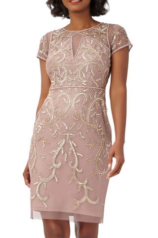 Adrianna Papell Boat Neck Short Sleeves Back Zipper Short Beaded Mesh Dress - By Baano