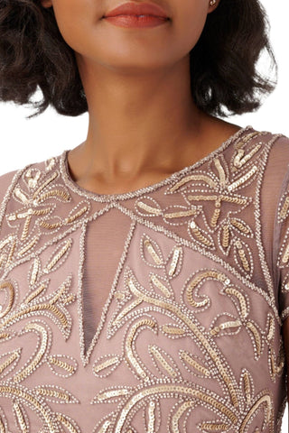 Adrianna Papell Boat Neck Short Sleeves Back Zipper Short Beaded Mesh Dress - By Baano
