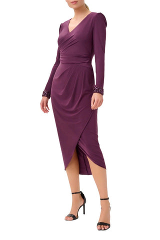 Adrianna Papell V-Neck Long Sleeves Beaded Cuffs Back Zipper Jersey Midi Dress - By Baano