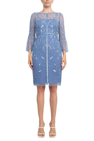 Adrianna Papell Boat Neck Circular Sleeve Beaded Zipper Back Mesh Dress - By Baano