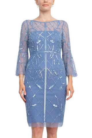 Adrianna Papell Boat Neck Circular Sleeve Beaded Zipper Back Mesh Dress - By Baano
