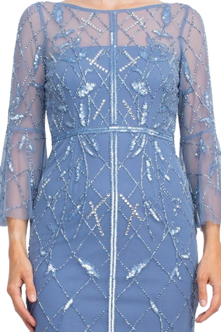 Adrianna Papell Boat Neck Circular Sleeve Beaded Zipper Back Mesh Dress - By Baano