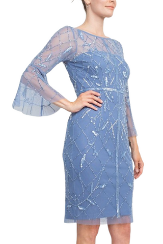 Adrianna Papell Boat Neck Circular Sleeve Beaded Zipper Back Mesh Dress - By Baano