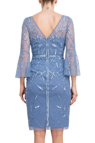 Adrianna Papell Boat Neck Circular Sleeve Beaded Zipper Back Mesh Dress - By Baano