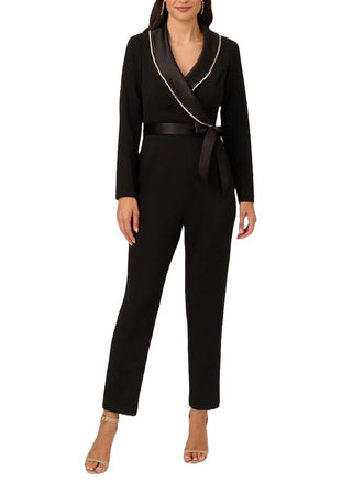 Adrianna Papell surplice neck long sleeve embellished collar tie waist zipper closure knit crepe jumpsuit