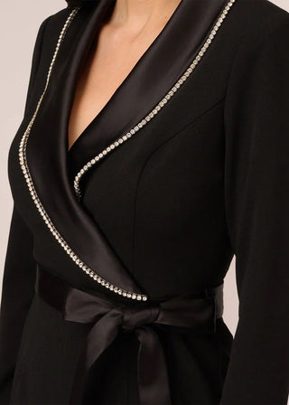 Adrianna Papell surplice neck long sleeve embellished collar tie waist zipper closure knit crepe jumpsuit - Glamourous Grace