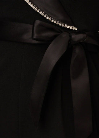 Adrianna Papell surplice neck long sleeve embellished collar tie waist zipper closure knit crepe jumpsuit - Glamourous Grace