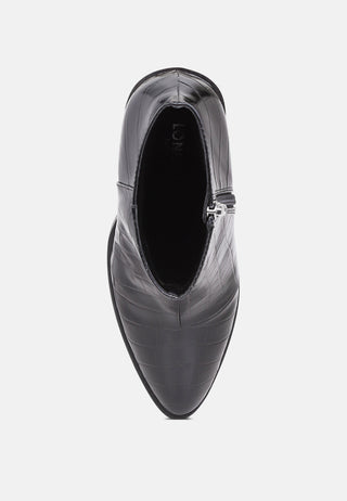 avishag snake skin print block stacked heel ankle boots