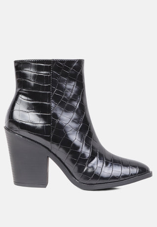 avishag snake skin print block stacked heel ankle boots
