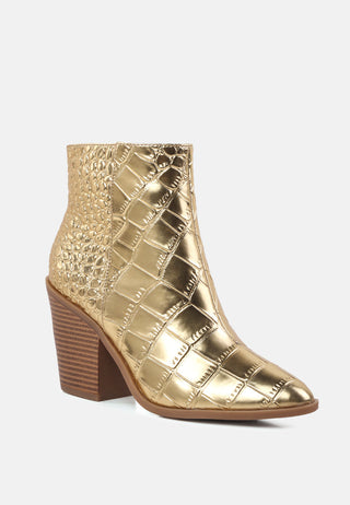 avishag snake skin print block stacked heel ankle boots