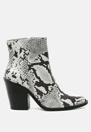 avishag snake skin print block stacked heel ankle boots