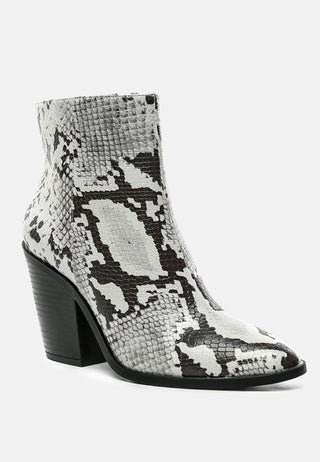 avishag snake skin print block stacked heel ankle boots