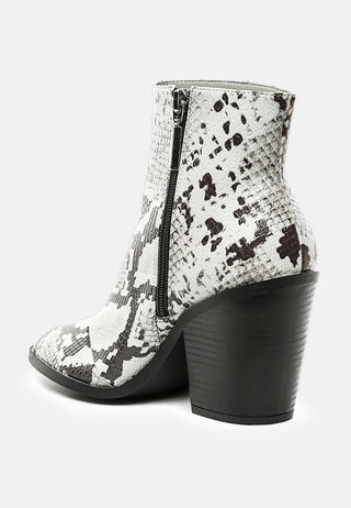 avishag snake skin print block stacked heel ankle boots