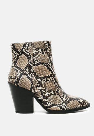 avishag snake skin print block stacked heel ankle boots