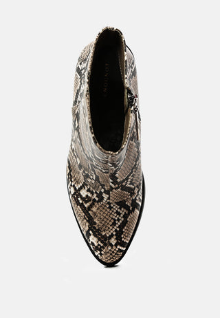 avishag snake skin print block stacked heel ankle boots