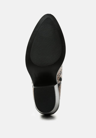 avishag snake skin print block stacked heel ankle boots