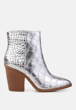avishag snake skin print block stacked heel ankle boots