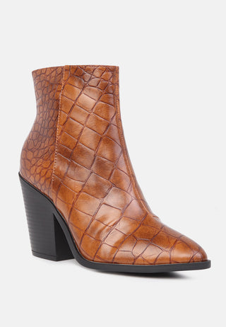 avishag snake skin print block stacked heel ankle boots