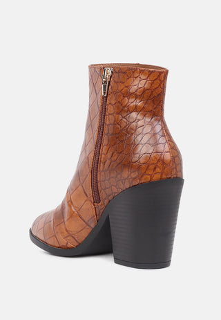 avishag snake skin print block stacked heel ankle boots