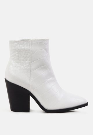 avishag snake skin print block stacked heel ankle boots