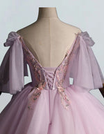 Pink v neck lace applique layer tulle ball gown prom dress short sleeve long tulle evening party gown