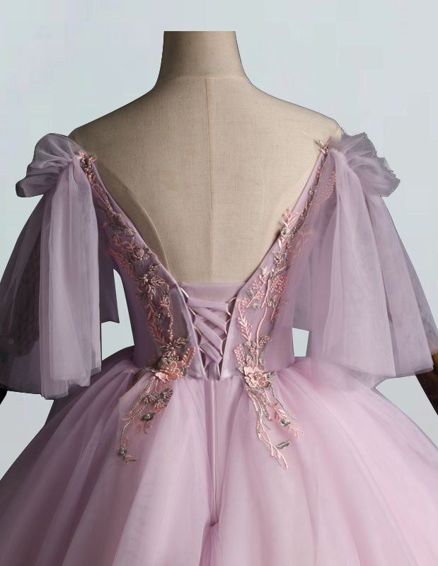 Pink v neck lace applique layer tulle ball gown prom dress short sleeve long tulle evening party gown